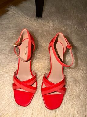 LK Bennett Coral-Red Crisscross Ankle-Strap Heels